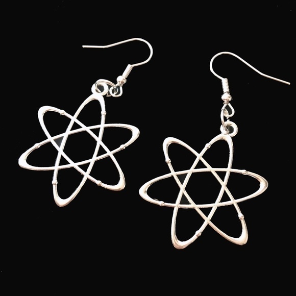 HAND Crafted Silver Tone Drop Earrings Atom DNA Chemistry Science Theme - Picture 1 of 5